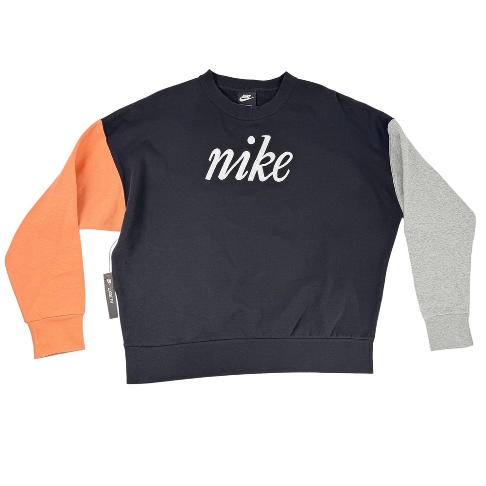Nike Colorblock Script Logo Fleece Sweatshirt Black Orange Grey Mens M